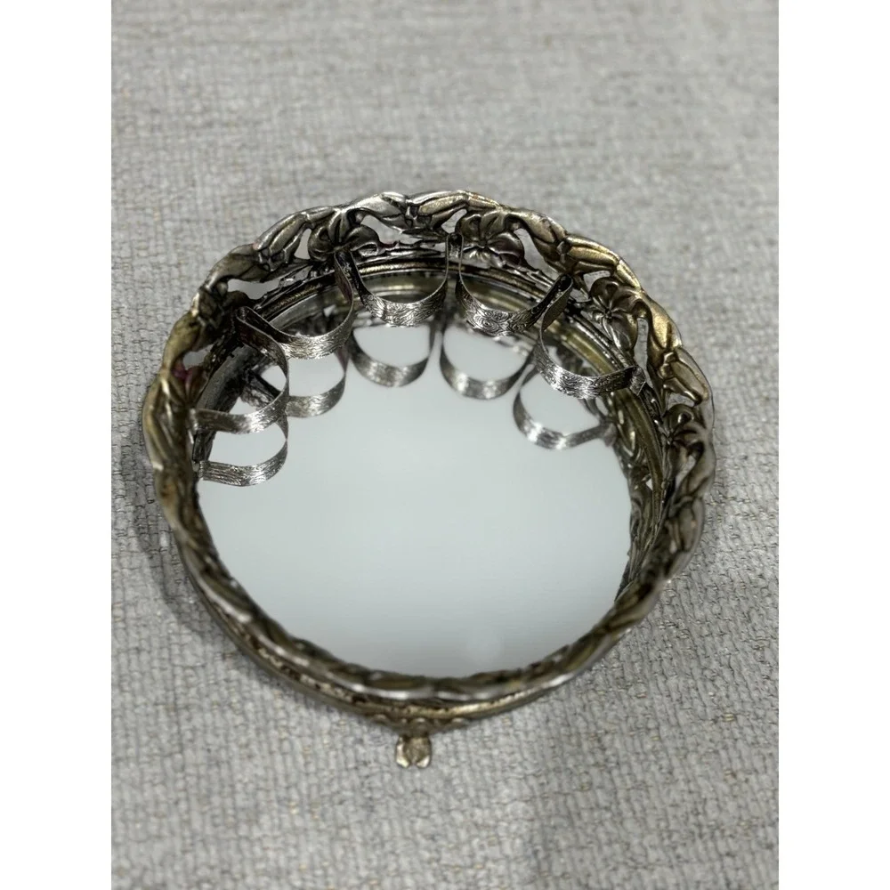Vintage Filagree Footed Metal Mirror Lipstick Vanity Tray